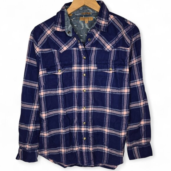 Jachs Girlfriend Blue Pink Plaid Snap Button Top Women's Roll Sleeve Western S - Picture 1 of 7